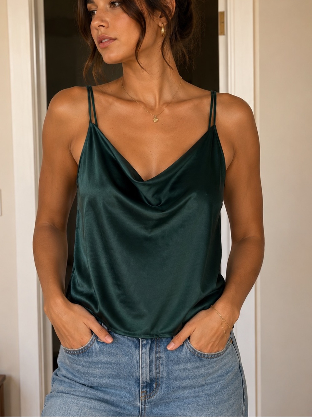 Simplee Apparel Satin V-Neck Cami in Deep Green